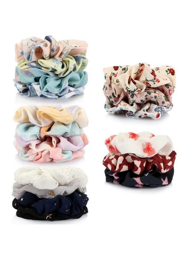 DN Creation Chiffon Flower Floral Design Hair Scrunchies, Ponytail Holder, Hair Ties for Women and Girls - Random Color & Design (Set of 12) - Image 3