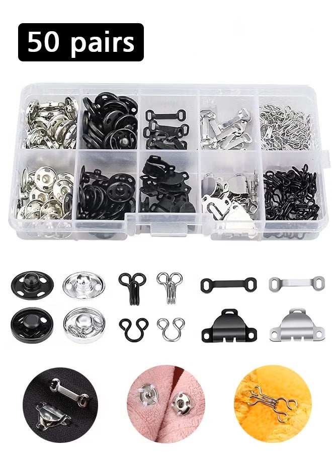 PINKSAMA 50 Pairs 3 Styles Skirt Hooks and Eyes Sewing Hook, Sewing Snaps Clothing Fixing Tools with Metal Snaps Buttons Fasteners Press Studs for Trousers Skirt Dress Sewing and DIY Crafting, 2 Colors - Image 1