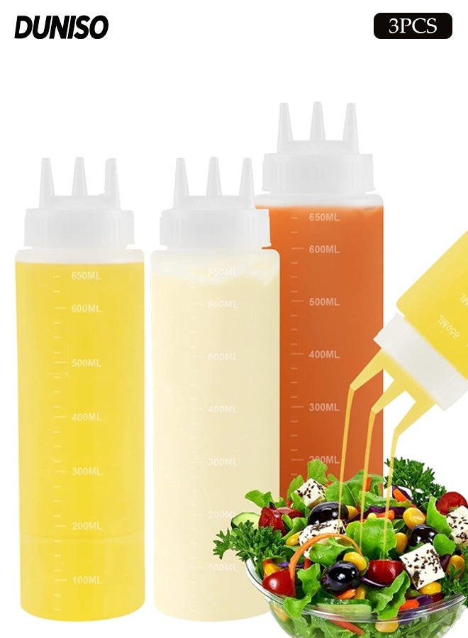 DUNISO 3 Pack 650ml Plastic Squeeze Condiment Bottles, 3 Holes Clear Sauce Dispensers  for Syrup, Ketchup ,Dressing Oil and Honey,Leak proof and Portable - Image 1