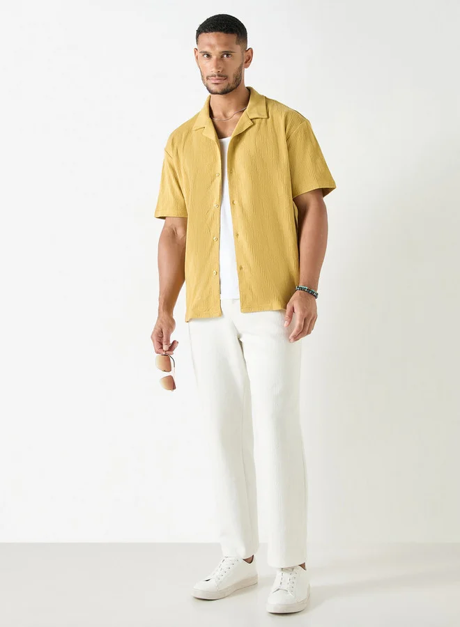 Iconic Iconic Relaxed Fit Textured Camp Collar Shirt with Short Sleeves