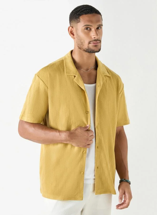 Iconic Iconic Relaxed Fit Textured Camp Collar Shirt with Short Sleeves