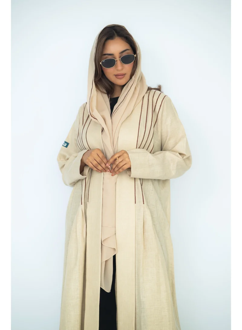 via abaya Beige Linen with Brown Embroidery Abaya