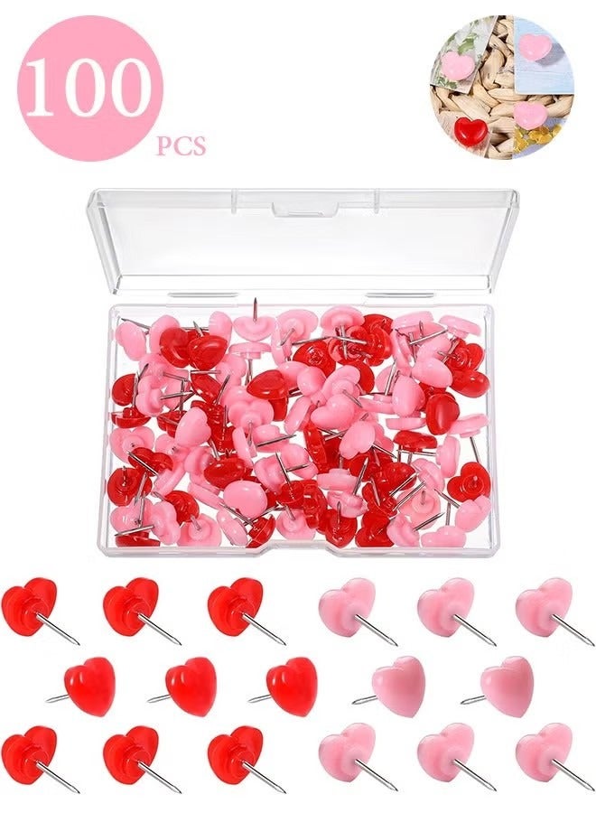 100pcs Push Pins, 0.49inch Plastic Pushpins Pink & Red Push Pins Heart Shaped Cute Thumb Tacks Decorative for Notice Board Cork Board Home School Office - Image 1