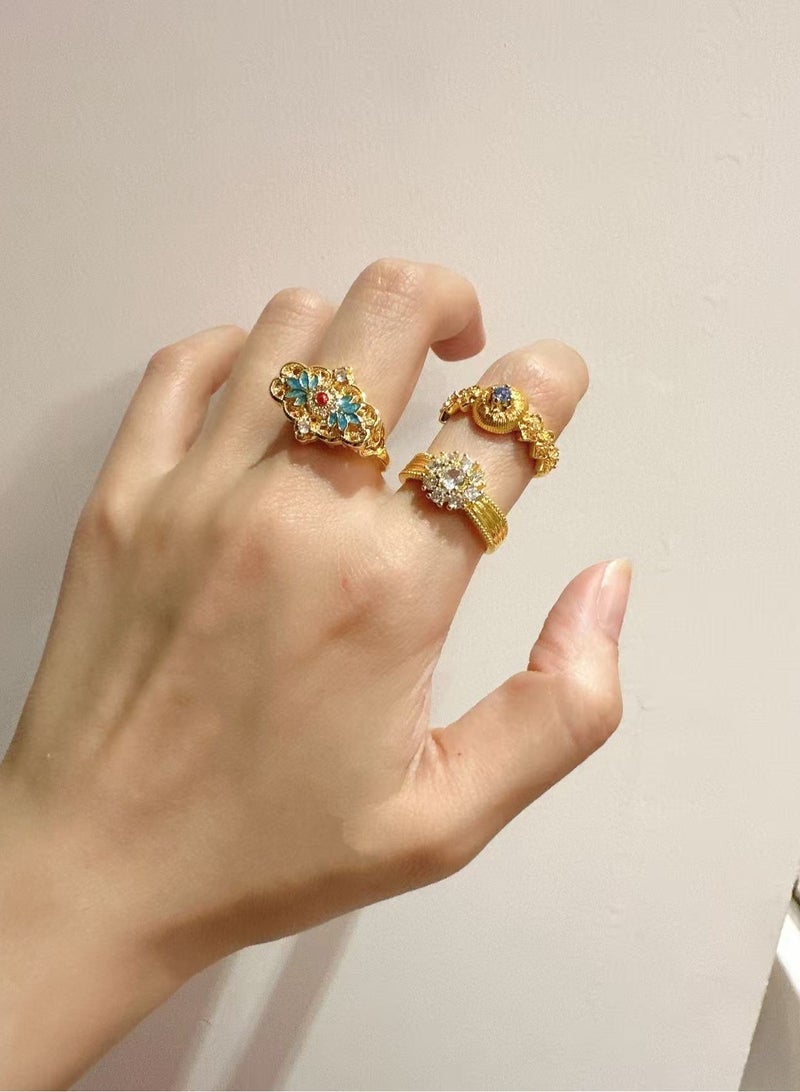 SYNSYB Vintage Style Gold-Plated adjustable Ring Set, Crystal Floral Design, Amber Centre Stone With Luxury Gift Box - Image 3