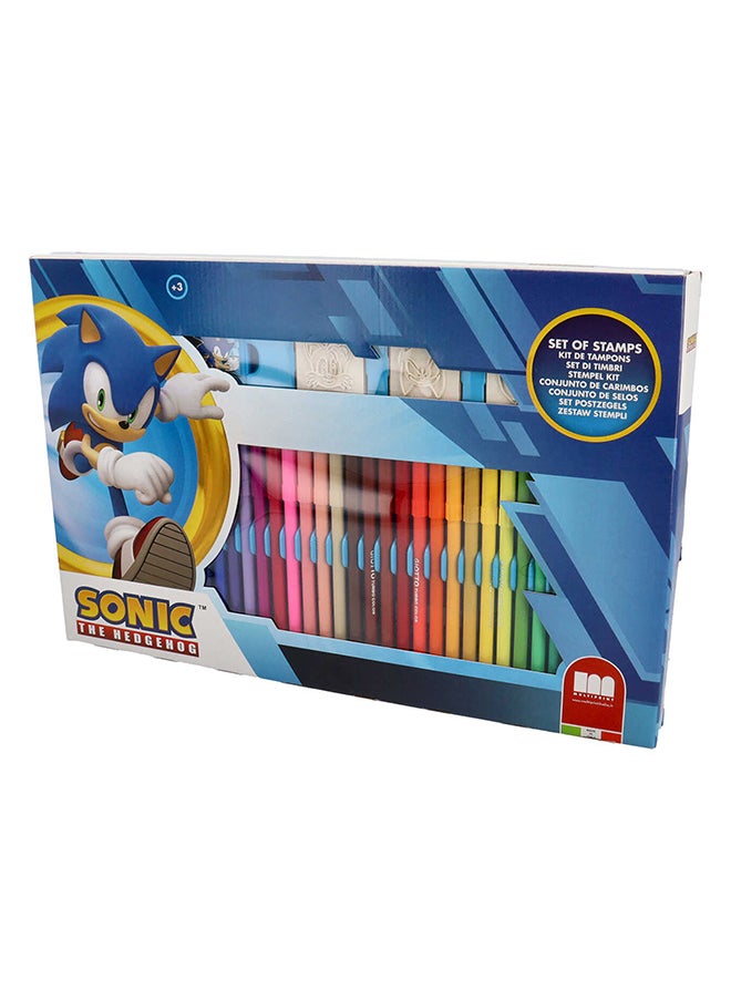 MULTIPRINT Sonic 36 Felt Tip Pens Set  36 Felt Pens, 3 Stamps, 1 Ink Pad And 1 Coloring Book  - Image 1