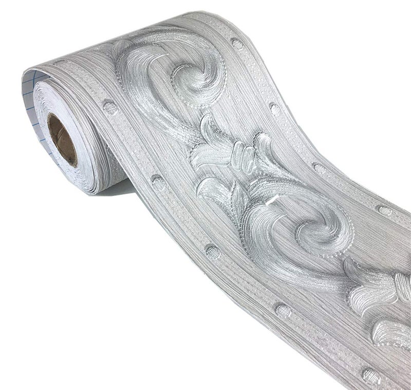 REDODECO Elegant Silver Grey Floral Molding Wallpaper Border Peel Stick Home Ceiling Decorative Border for Bathroom Living Room Kitchen 4inch by 164ft