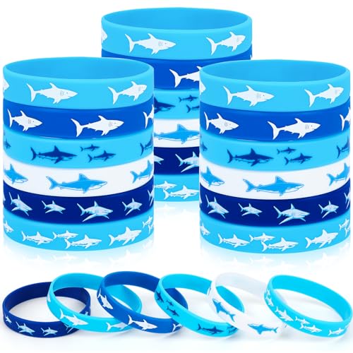 JUNEBRUSHS Shark Party Favors 42pcs Ocean Sea Life Shark Silicone Bracelets Rubber Wristbands for Baby Shower Under The Sea Themed Kids Birthday Party Gift Decorations Supplies - Image 1