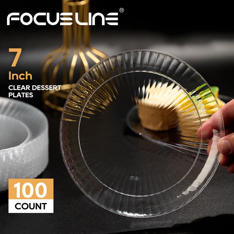 FOCUSLINE 100 Count Clear Plastic Plates 7 Inch  Disposable Heavy Duty Salad Dessert Plates- Premium Hard Plastic Plate Fancy Disposable Clear Plate for Weddings  Parties and Events - Image 2