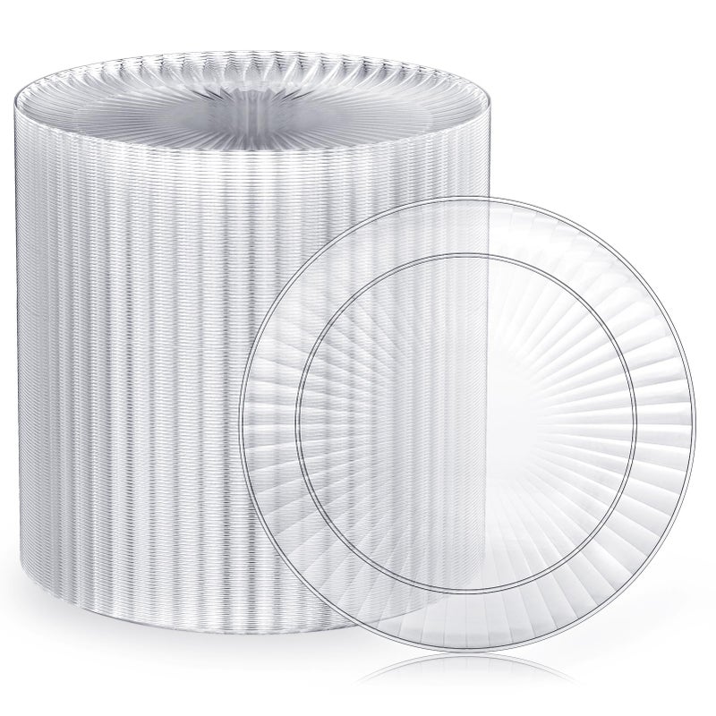 FOCUSLINE 100 Count Clear Plastic Plates 7 Inch  Disposable Heavy Duty Salad Dessert Plates- Premium Hard Plastic Plate Fancy Disposable Clear Plate for Weddings  Parties and Events - Image 1