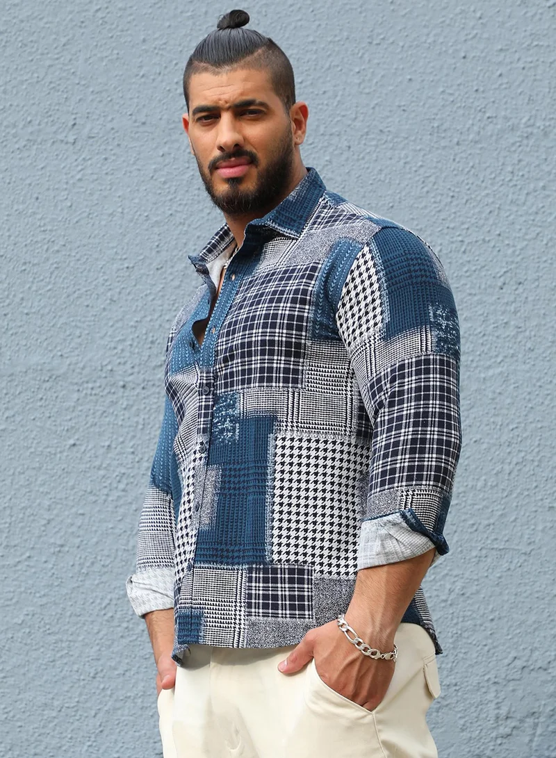 Instafab Plus  Men's Navy Blue Herringbone Block Shirt For Casual Wear | Spread Collar | Long Sleeve | Button Closure | Cotton Shirt Crafted With Comfort Fit For Everyday Wear for Men | Best Price UAE