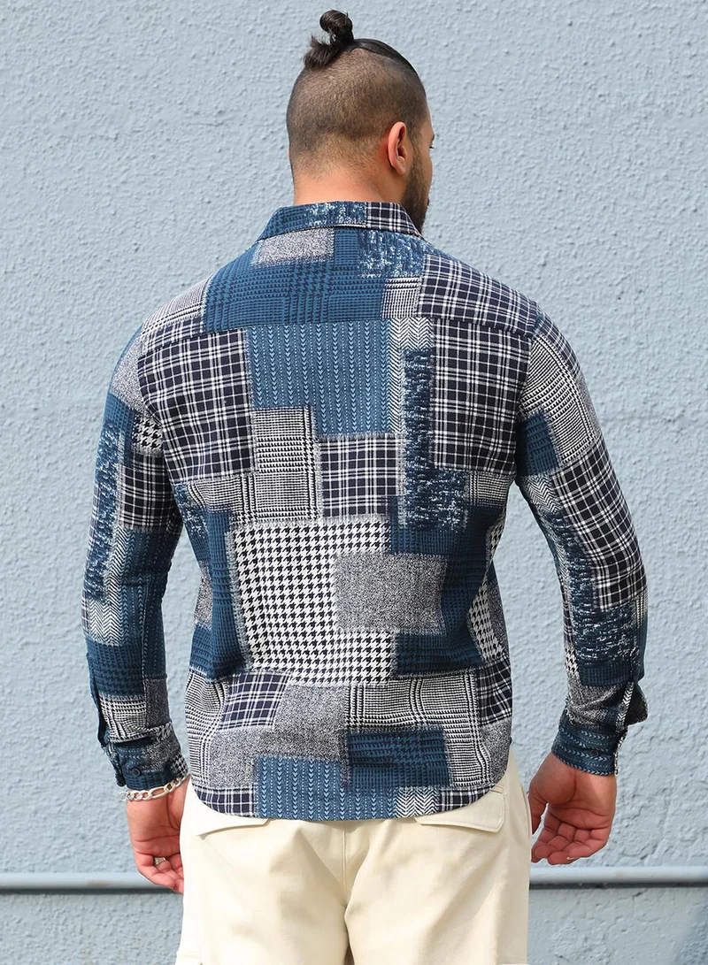 Instafab Plus  Men's Navy Blue Herringbone Block Shirt For Casual Wear | Spread Collar | Long Sleeve | Button Closure | Cotton Shirt Crafted With Comfort Fit For Everyday Wear for Men | Best Price UAE