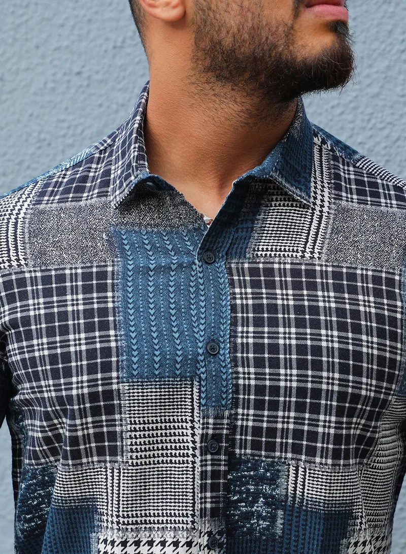 Instafab Plus  Men's Navy Blue Herringbone Block Shirt For Casual Wear | Spread Collar | Long Sleeve | Button Closure | Cotton Shirt Crafted With Comfort Fit For Everyday Wear for Men | Best Price UAE