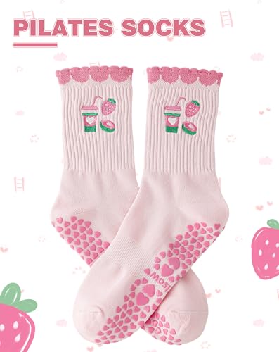 Yawlsow Cute Pilates Grip Socks (US, Alpha, One Size, Regular, Regular, 1 Pack-Strawberry) - Image 4