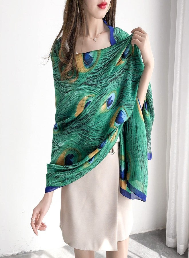 Caviotess Women Silk Scarf Long Large Peacock Feather Print Wrap Shawl Scarves Headscarf - Image 2