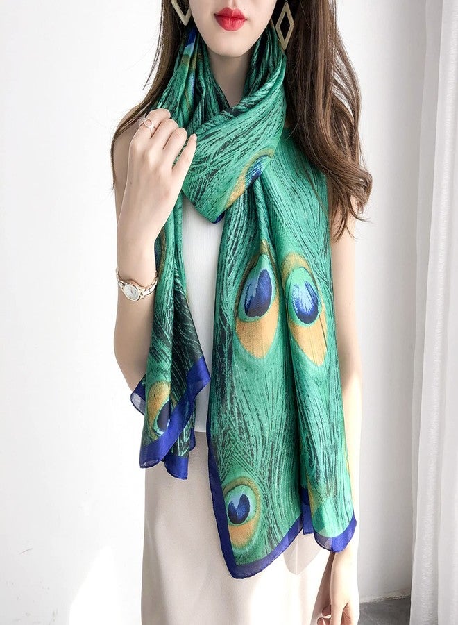 Caviotess Women Silk Scarf Long Large Peacock Feather Print Wrap Shawl Scarves Headscarf - Image 3