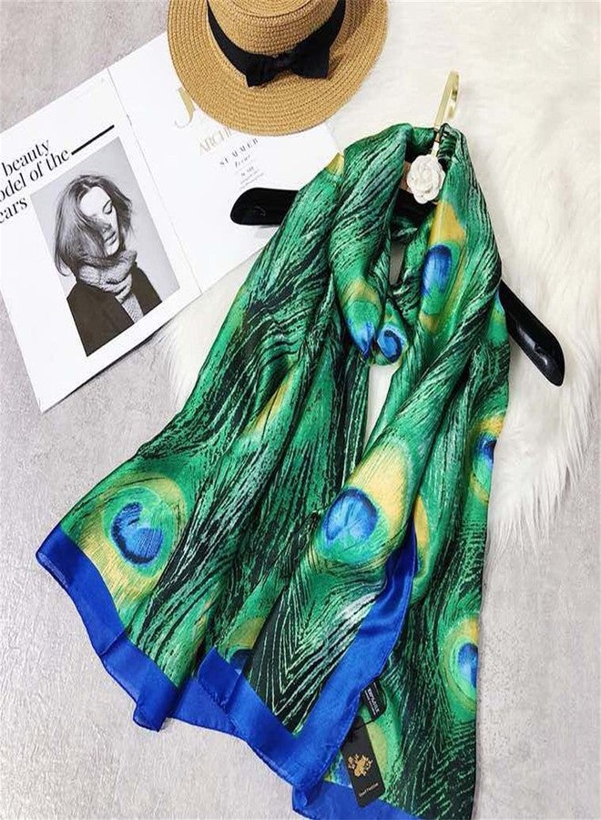 Caviotess Women Silk Scarf Long Large Peacock Feather Print Wrap Shawl Scarves Headscarf - Image 5