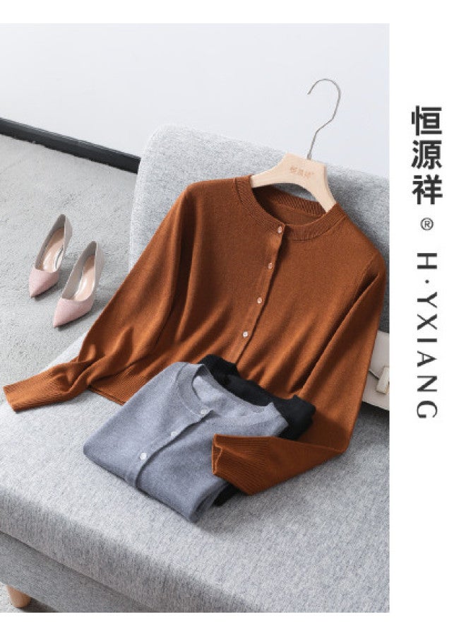 Hengyuanxiang Machine Washablewomen'S Knitted Cardigan Round Neck Button Spring/Autumn Jacket Top Solid Color Basic - Image 1