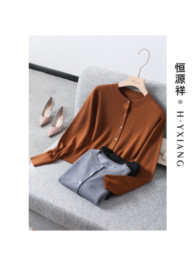 Hengyuanxiang Machine Washablewomen'S Knitted Cardigan Round Neck Button Spring/Autumn Jacket Top Solid Color Basic - Image 2