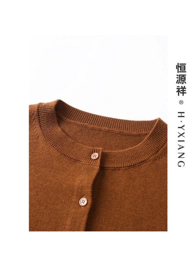 Hengyuanxiang Machine Washablewomen'S Knitted Cardigan Round Neck Button Spring/Autumn Jacket Top Solid Color Basic - Image 3