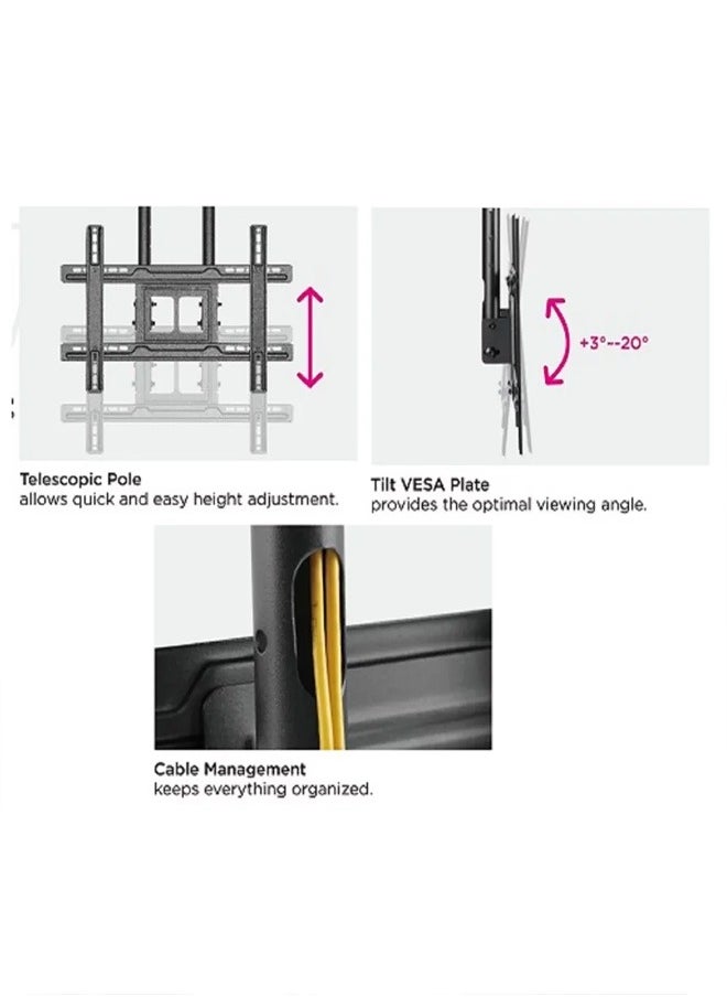 Skill Tech SH 1564C Dual Pole Ceiling Mount for 26"-90" LED LCD Screens, VESA 600x400, Adjustable Drop 980–1780mm, 50kg Load Capacity – Black  - Image 3
