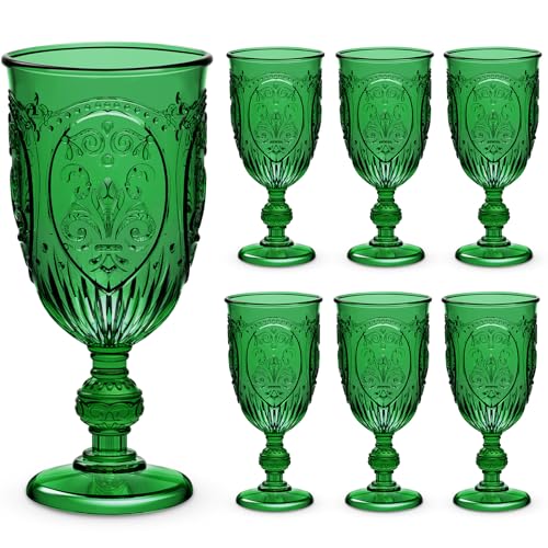 Wiwiqing 6 Pcs Plastic Goblets 75oz Vintage Goblet Plastic Wine Glasses Colored Retro Embossed Water Goblets for Wine Bar Juice Baby Shower Wedding Reception Grand Event Party Dark Green