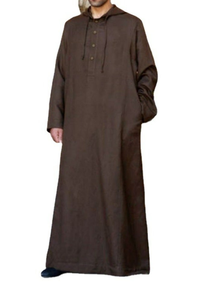 Men's Muslim Robe Thobe Solid Color Hooded Long Sleeve Kaftan With Pockets Casual Shirt Brown - Image 1