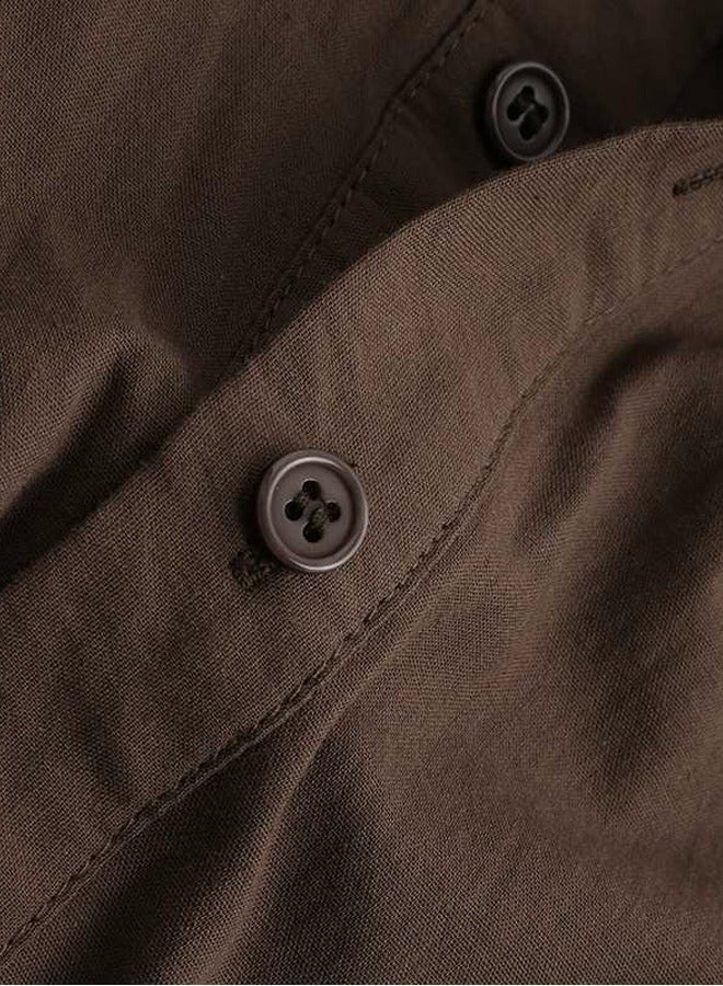 Men's Muslim Robe Thobe Solid Color Hooded Long Sleeve Kaftan With Pockets Casual Shirt Brown - Image 2