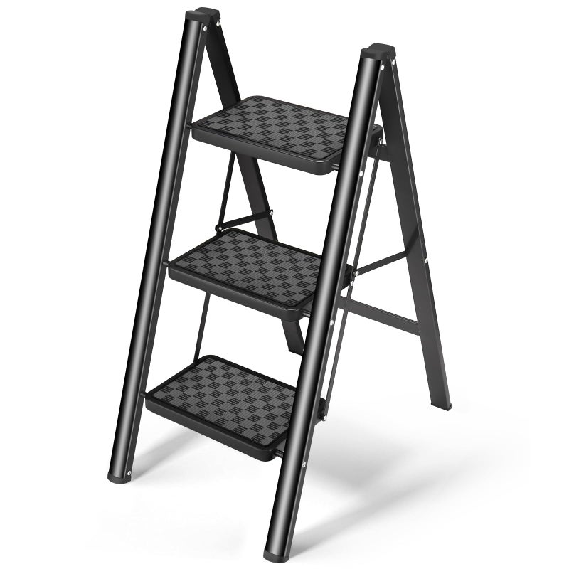 HBTower Step Ladder Folding Step Stool Portable Sturdy Steel Ladder Stool for Adults with AntiSlip Wide Pedals Home Outdoor Kitchen Black