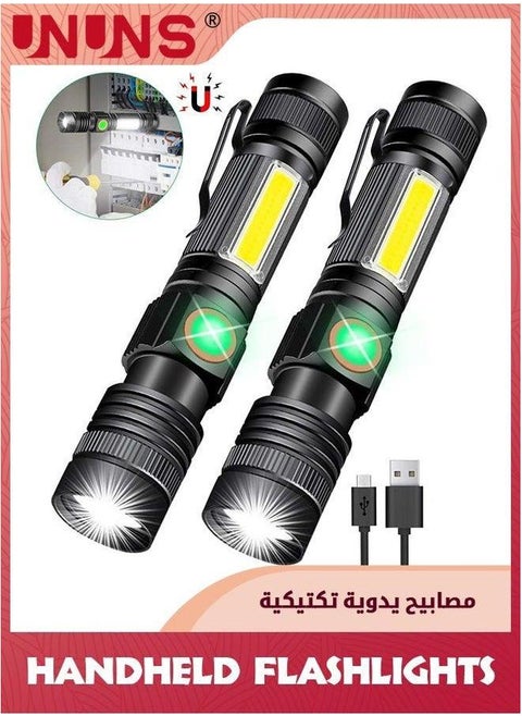 Flashlight 2 Pack,Rechargeable Magnetic LED Flashlight,Super Bright Tactical With Cob Sidelight,Zoomable Flashlight,Portable Handheld Flashlamp,4 Modes,Waterproof Emergency Flash Light