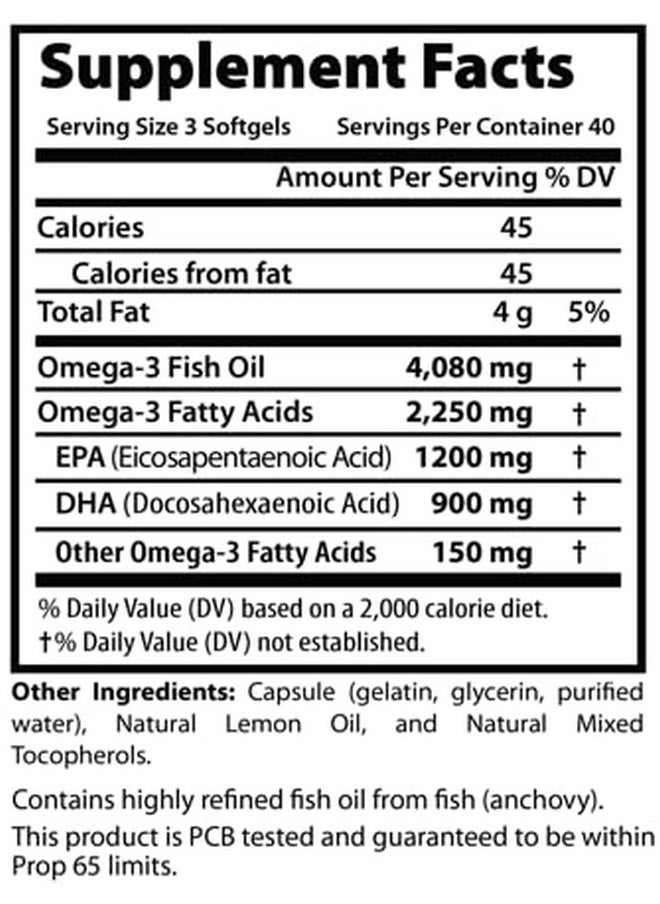 Arazo Nutrition - Omega 3 Fish Oil 4080Mg High Epa 1200Mg + Dha 900Mg Triple Strength Burpless Softgels (120 Soft Gels) - Image 1