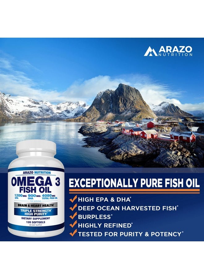 Arazo Nutrition - Omega 3 Fish Oil 4080Mg High Epa 1200Mg + Dha 900Mg Triple Strength Burpless Softgels (120 Soft Gels) - Image 1