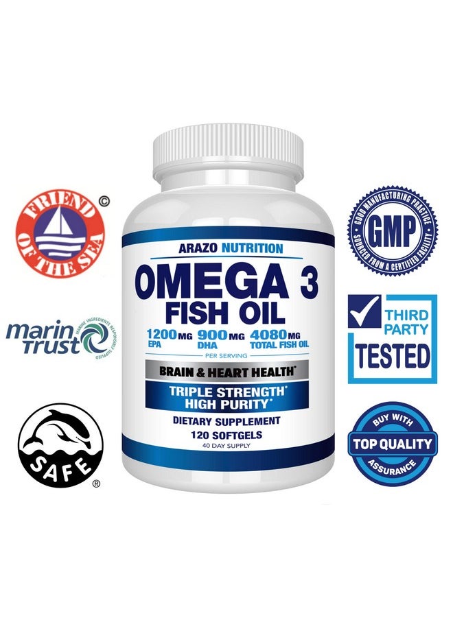 Arazo Nutrition - Omega 3 Fish Oil 4080Mg High Epa 1200Mg + Dha 900Mg Triple Strength Burpless Softgels (120 Soft Gels) - Image 1