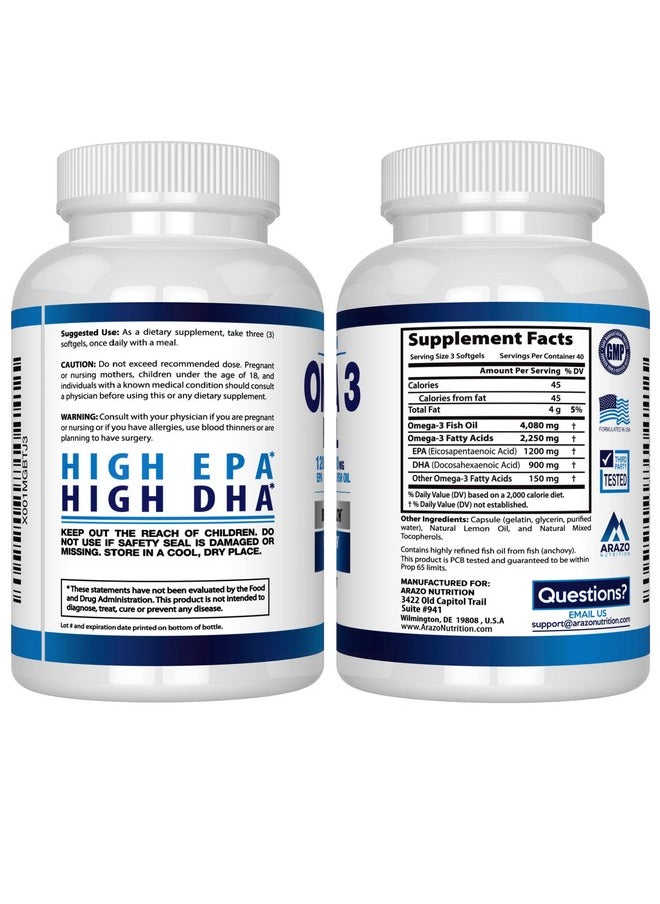 Arazo Nutrition - Omega 3 Fish Oil 4080Mg High Epa 1200Mg + Dha 900Mg Triple Strength Burpless Softgels (120 Soft Gels) - Image 1