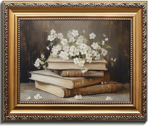 Kizbok Gold Framed Wall Art for Home Decor Vintage Books and Flowers Canvas Prints Painting Antique Vintage Floral Wall Decor for Light Academia Cottage Room Decor Aesthetic Bedroom Framed Art Picture for Living Room Bathroom Gallery Shelf Decoration 9x12inch - Image 1