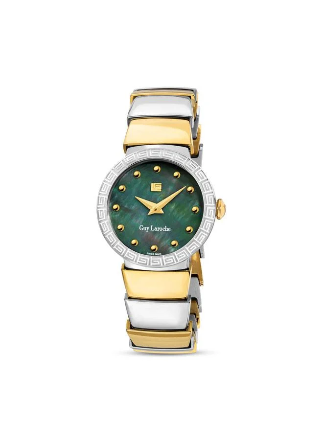غاي لاروش ساعة يد نسائية بعقارب مينا خضراء وسوار معدني فضي ذهبي قطر  ملم