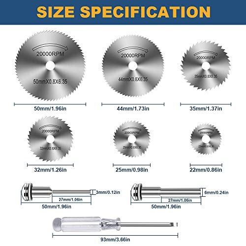 FOTYBEI Drill Saw Blades for Dremel Rotary Tool 6Pcs HSS Saw Disc Wheel Cutting Blades with 2Pcs 1/8" Round Shank,1Pcs 1/4" Round Shank for Wood Plastic Aluminum Cutting(One Screwdriver) - Image 4