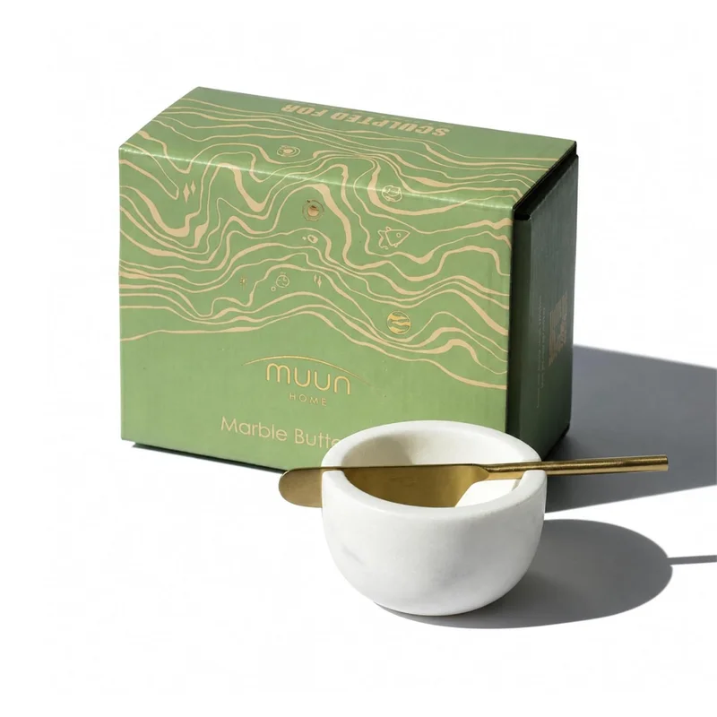 Muun Home Handcrafted White Marble Butter Dish with Stainless Steel Knife | Premium Butter Server for Kitchen, Breakfast Table & Dining | Elegant Marble Serveware
