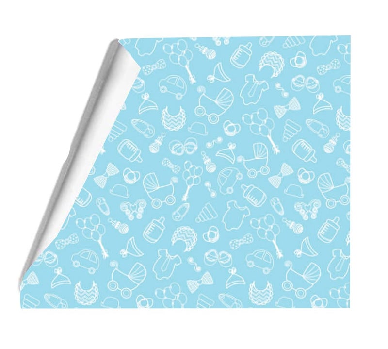 Baby Nursery Pattern Gift Wrapping Paper, Light Blue Background with White Baby Items Design, Decorative Gifting Supplies