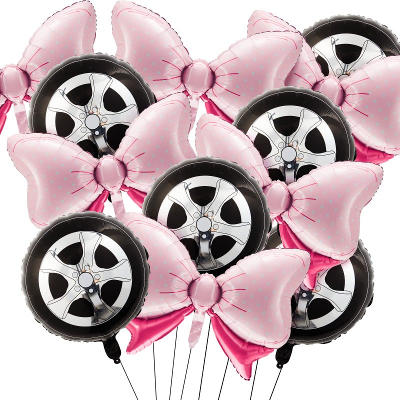 12 Pieces Burnouts or Bow Foil Balloons Black Car Wheel Gender Reveal Pink Polka Dots Balloons for Baby Shower Gender Reveal Wedding Birthday Party Decoration