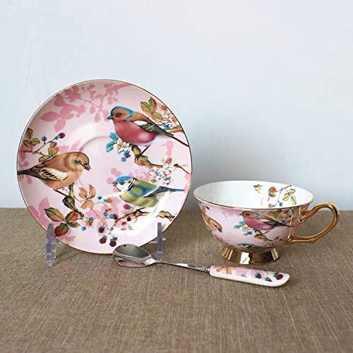 Eplze YBK Tech Euro Style Cup& Saucer Set Art Bone China Ceramic Tea Coffee Cup for Breakfast Home Kitchen- Birds and Trees Patterns (Light Pink) - Image 5