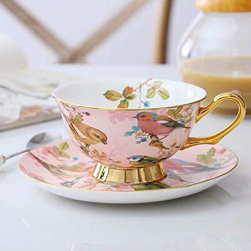 Eplze YBK Tech Euro Style Cup& Saucer Set Art Bone China Ceramic Tea Coffee Cup for Breakfast Home Kitchen- Birds and Trees Patterns (Light Pink) - Image 2