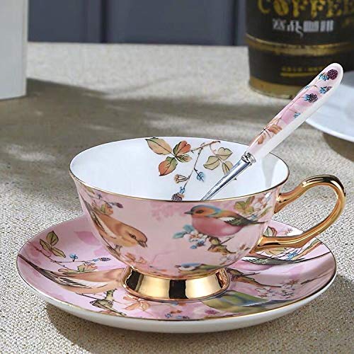 Eplze YBK Tech Euro Style Cup& Saucer Set Art Bone China Ceramic Tea Coffee Cup for Breakfast Home Kitchen- Birds and Trees Patterns (Light Pink) - Image 4