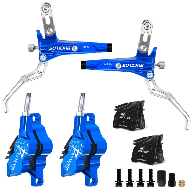 BUCKLOS MTB Hydraulic Disc Brake Set 4 Pistons Front 850mm and Rear 1550mm Hydraulic Brakes with Aluminum Alloy Lever with Caliper Ceramic Brake Pad Fit Mountain Bike,Ebike,Fat Bike HB-CP4 (Pre-Bled) - Image 1