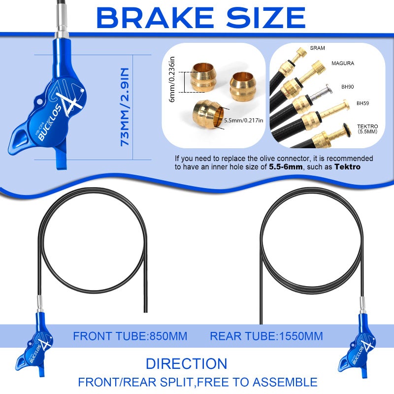 BUCKLOS MTB Hydraulic Disc Brake Set 4 Pistons Front 850mm and Rear 1550mm Hydraulic Brakes with Aluminum Alloy Lever with Caliper Ceramic Brake Pad Fit Mountain Bike,Ebike,Fat Bike HB-CP4 (Pre-Bled) - Image 5