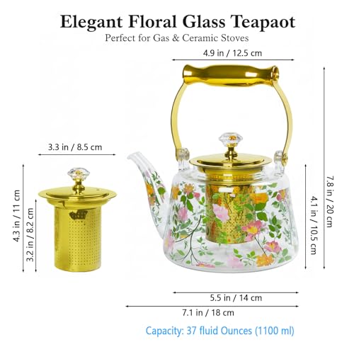 dingdaer Glass Teapot Stovetop 36 OZ/1100ml, Borosilicate Clear Tea Kettle, Tea pot with Removable Stainless Steel Infuser, Flower teaTea Leaf Teapot Maker Tea Brewer for Camping, Travel, Flowers - Image 3