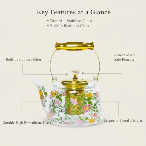 dingdaer Glass Teapot Stovetop 36 OZ/1100ml, Borosilicate Clear Tea Kettle, Tea pot with Removable Stainless Steel Infuser, Flower teaTea Leaf Teapot Maker Tea Brewer for Camping, Travel, Flowers - Image 5