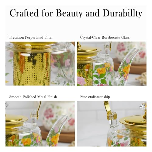 dingdaer Glass Teapot Stovetop 36 OZ/1100ml, Borosilicate Clear Tea Kettle, Tea pot with Removable Stainless Steel Infuser, Flower teaTea Leaf Teapot Maker Tea Brewer for Camping, Travel, Flowers - Image 2