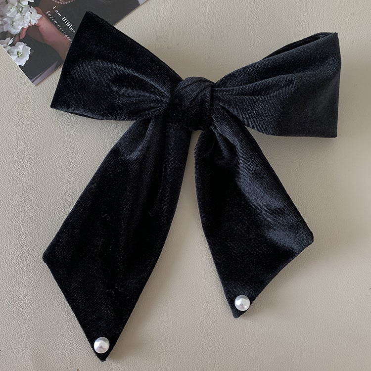 Generic Vintage French Super Large Velvet Pearl Bow Hairpin Top Clip 2022 New Back of Head Disc Hair Spring Clip Bow spring clip