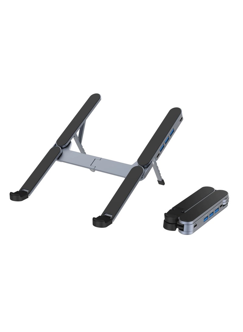 حامل لابتوب مع قاعدة توصيل 4 في 1 بمنفذ USB 3.0، حامل محمول قابل للطي من سبائك الألمنيوم مع تبريد هوائي، قابل للتعديل بـ 6 مستويات متوافق مع ماك بوك / إتش بي / ديل / لينوفو حتى 17.3 بوصة - Image 1