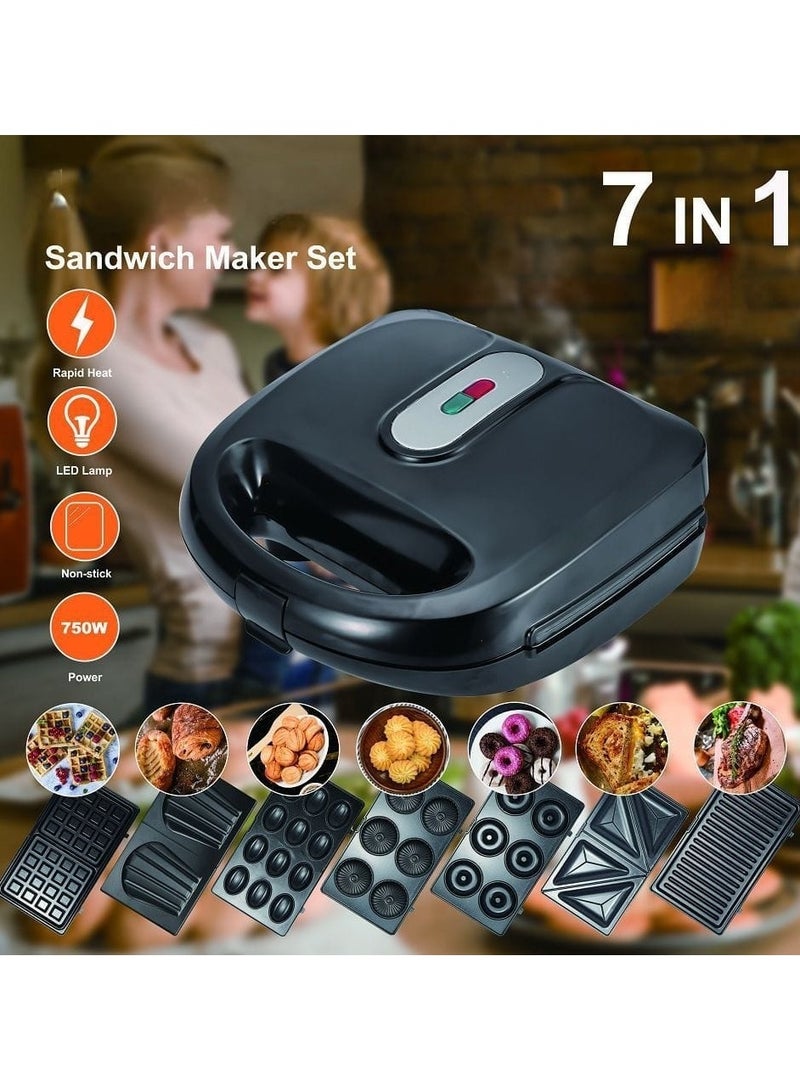 7 in 1 Multifunctional Sandwich Maker with Non-Stick Interchangeable Plates for Grill, Toaster, Pancakes, Cookies, Waffles, Donuts, Cupcakes - Dishwasher Safe  - Image 1